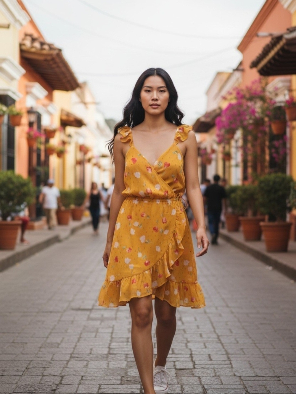 Lauren Conrad Womens L Yellow Floral Ruffle Wrap Dress Cottagecore Fairy Flowy